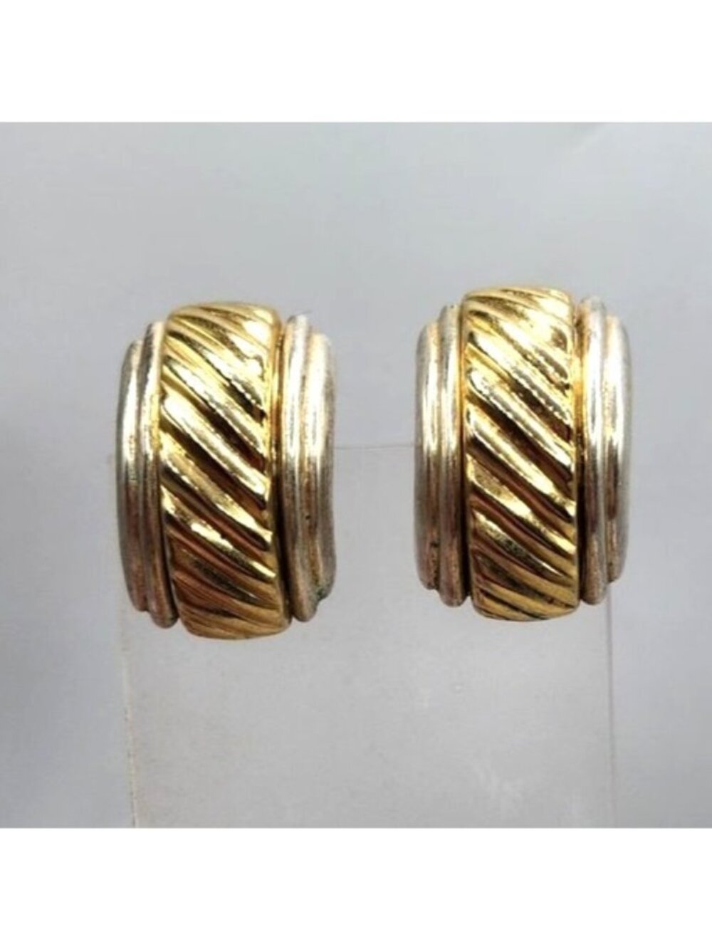 Vintage Two-Tone Gold & Silver Clip-On Earrings Ribbed Design